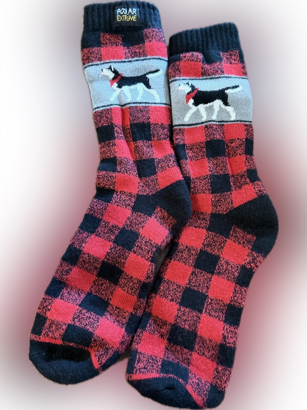 Polar Extreme~Lodge Socks~Buffalo Plaid Black Red~Unisex~Siberian Husky~Cozy